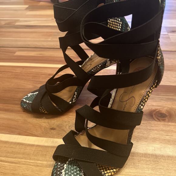 Jessica Simpson Jyra 2 Sandal Blk Snake Elastic High Stiletto Heel Pumps 7 1/2 - Picture 2 of 8
